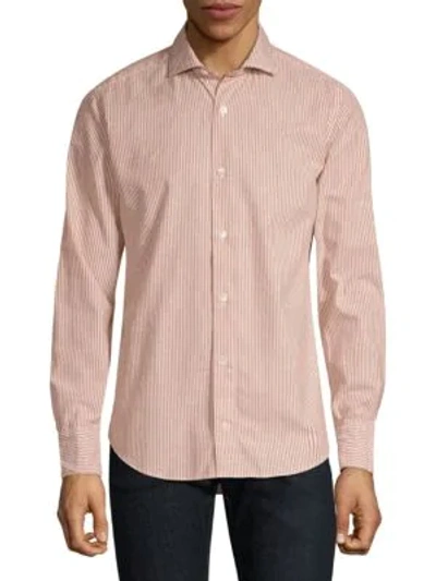 Shop Eleventy Melange Cotton Stripe Button-down Shirt In Red
