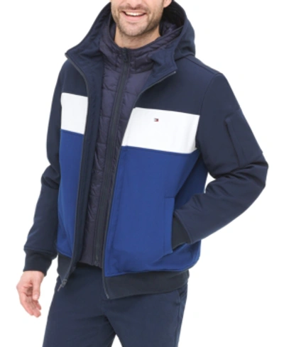 Shop Tommy Hilfiger Soft-shell Hooded Bomber Jacket With Bib In Midnight Ice / Deep Blue