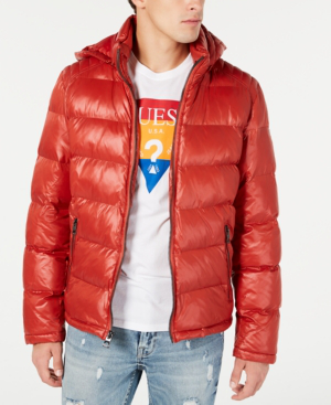 Guess Men's Hooded Puffer Coat In Nectar Fire | ModeSens