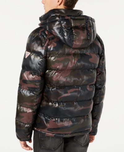 Shop Guess Men's Hooded Puffer Coat In Camo Olive