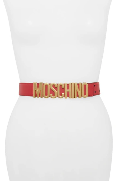 Shop Moschino Logo Plate Leather Belt In Red W/ Bright Gold