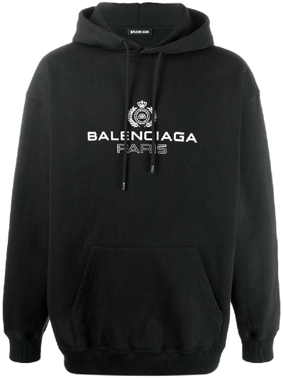 Shop Balenciaga Print Cotton Hooded Sweatshirt In Black