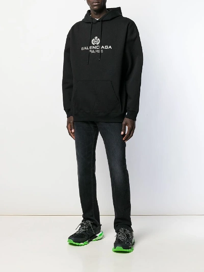 Shop Balenciaga Print Cotton Hooded Sweatshirt In Black