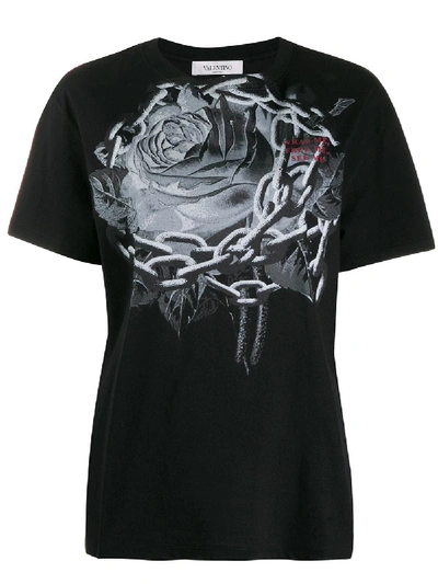 Shop Valentino Printed Cotton T-shirt In Black