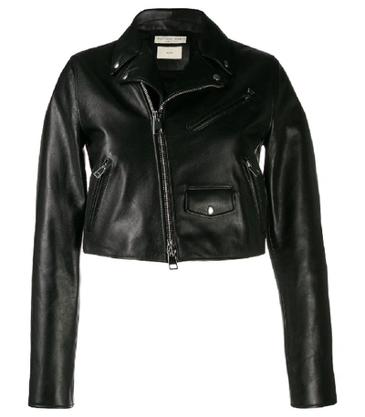 Shop Bottega Veneta Cropped Leather Biker Jacket In Black