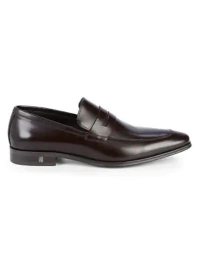 Shop Versace Leather Penny Loafers In Brown