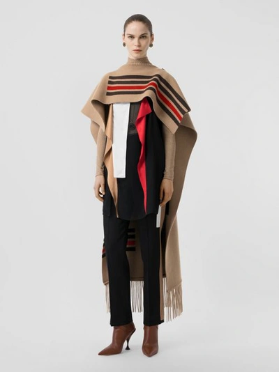 Shop Burberry Striped Wool Cashmere Blend Cape In Camel