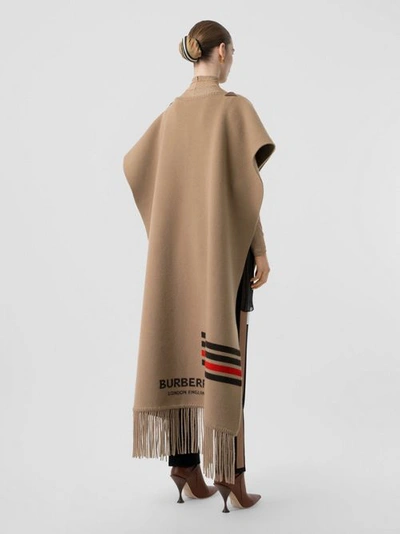 Shop Burberry Striped Wool Cashmere Blend Cape In Camel