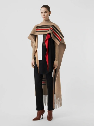 Shop Burberry Striped Wool Cashmere Blend Cape In Camel