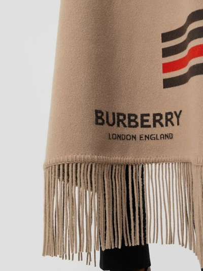 Shop Burberry Striped Wool Cashmere Blend Cape In Camel