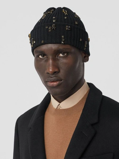 Shop Burberry Embellished Rib Knit Wool Beanie In Black