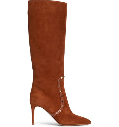 Shop Valentino Rockstud Knee High Pointed Toe Boot In Brown Suede