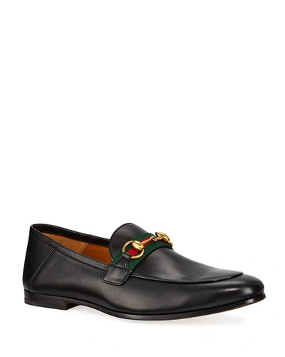 Shop Gucci Men's Brixton Web Leather Loafers In Black