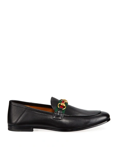 Shop Gucci Men's Brixton Web Leather Loafers In Black