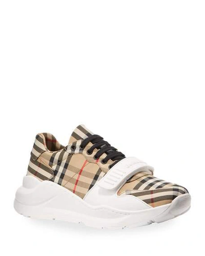 Shop Burberry Men's Chunky Vintage Check Sneakers With Grip Strap In Beige