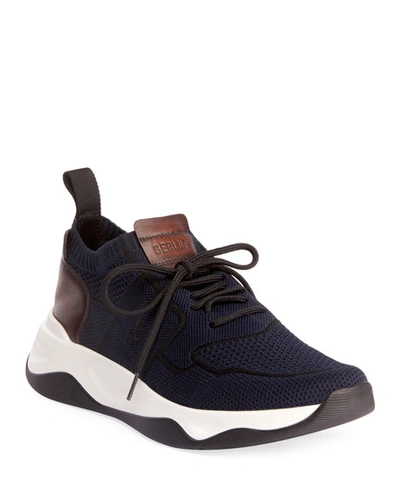 Shop Berluti Men's Shadow Knit Sneaker With Leather Details In Navy
