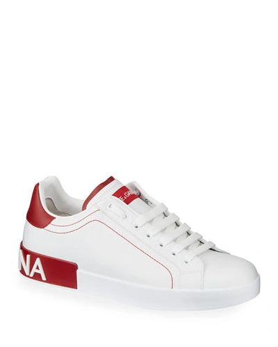 Shop Dolce & Gabbana Men's Portofino Two-tone Leather Sneakers In White/red
