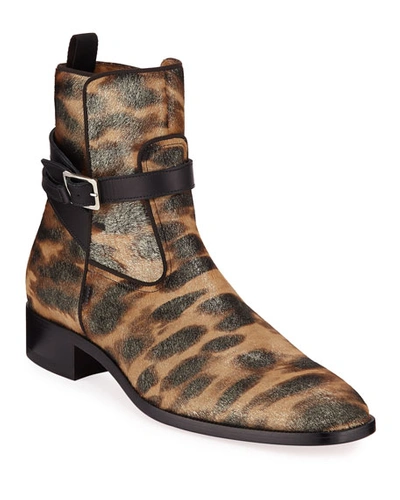 Shop Christian Louboutin Men's Kicko Leopard-print Red Sole Boots In Silver