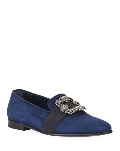 Shop Manolo Blahnik Men's Beau Brummell Carlton Suede Jeweled-buckle Loafers In Navy