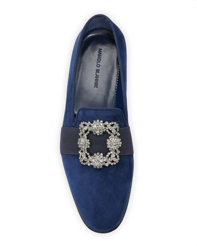 Shop Manolo Blahnik Men's Beau Brummell Carlton Suede Jeweled-buckle Loafers In Navy