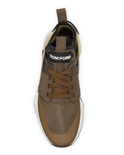 Shop Tom Ford Men's Mesh %26 Leather Heel-strap Trainer Sneakers In Green/black