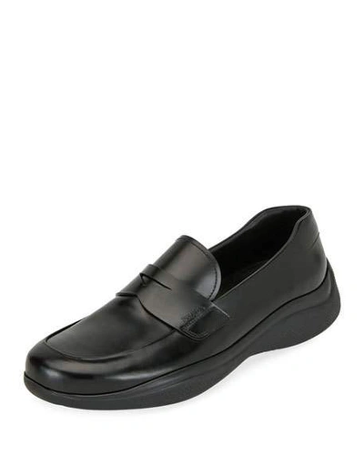 Shop Prada Men's Spazzolato Leather Penny Loafers In Black