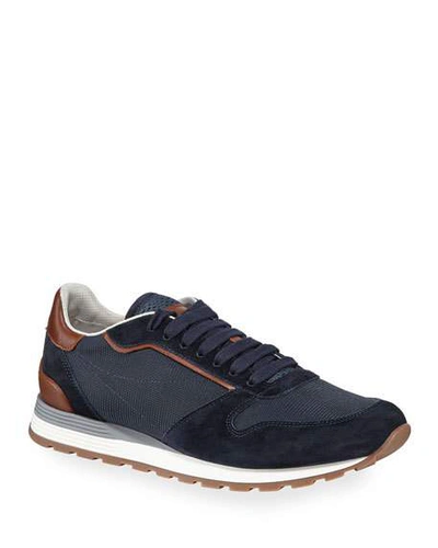 Shop Brunello Cucinelli Men's Suede & Mesh Runner Sneakers In Blue