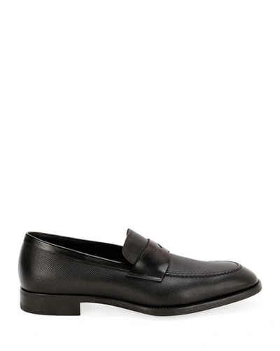 Shop Giorgio Armani Men's Textured Leather Penny Loafers In Black