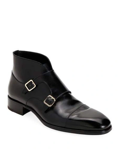 Shop Tom Ford Men's Double-monk Strap Leather Ankle Boots In Black