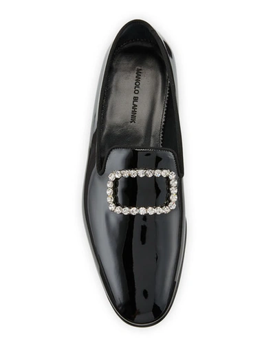 Shop Manolo Blahnik Men's Patent Leather Jeweled-buckle Loafers In Black