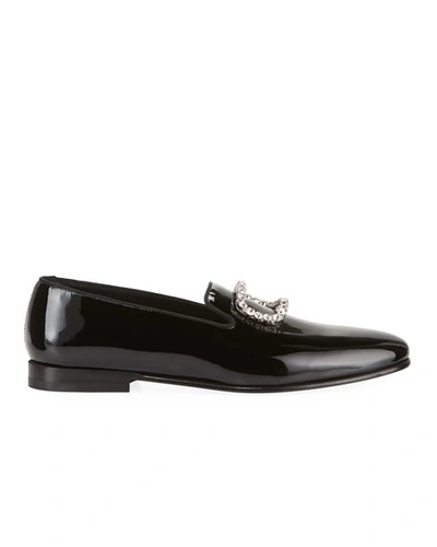 Shop Manolo Blahnik Men's Patent Leather Jeweled-buckle Loafers In Black