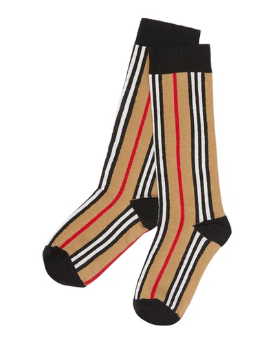 Shop Burberry Kid's Icon Stripe Socks In Beige