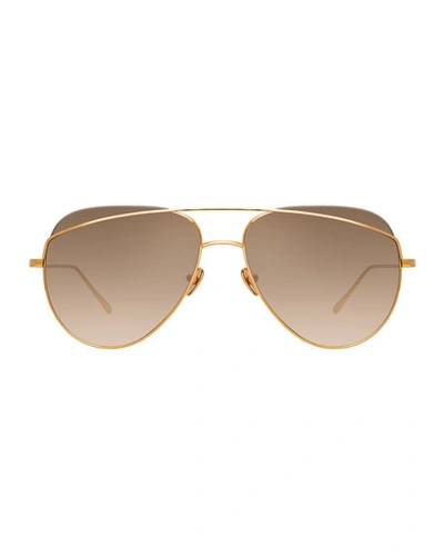 Shop Linda Farrow Titanium Aviator Sunglasses In Mocha