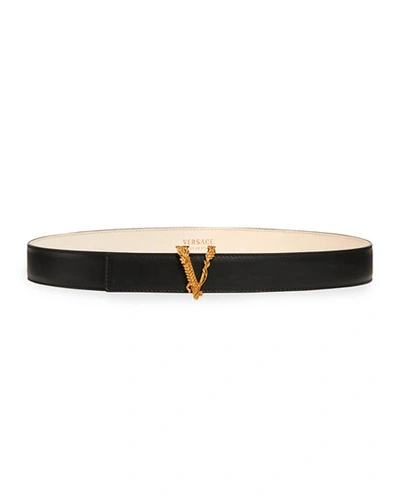 Shop Versace V Buckle Leather Belt In Black/gold