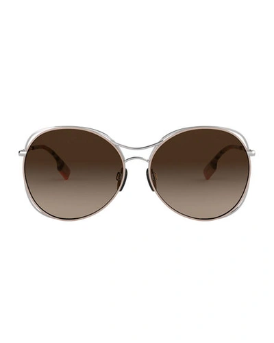 Shop Burberry Round Steel Cutout Sunglasses In Brown