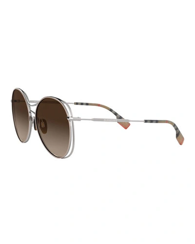 Shop Burberry Round Steel Cutout Sunglasses In Brown