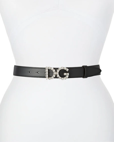 Shop Dolce & Gabbana Leather Belt W/ Crystal Logo Buckle In Black