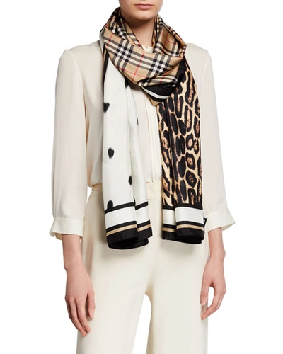 Shop Burberry Vintage Check Animal-print Silk Scarf In Archive Beige