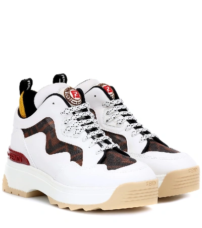 Shop Fendi T-rex Leather Sneakers In White