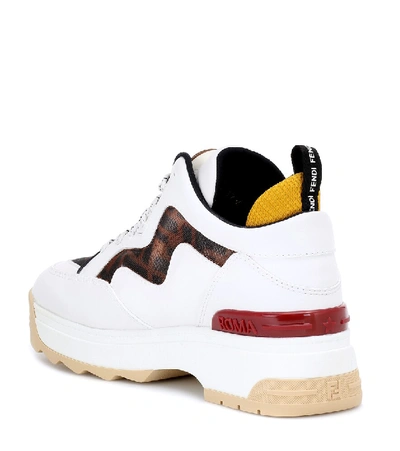 Shop Fendi T-rex Leather Sneakers In White