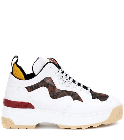 Shop Fendi T-rex Leather Sneakers In White