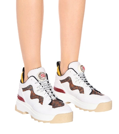 Shop Fendi T-rex Leather Sneakers In White