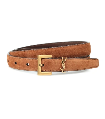 Shop Saint Laurent Cassandre 20 Suede Belt In Brown