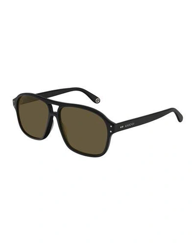 Shop Gucci Men's Solid Acetate Rectangle Sunglasses In Black