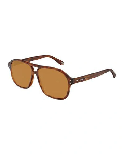 Shop Gucci Men's Rectangle Tortoiseshell Sunglasses In Brown