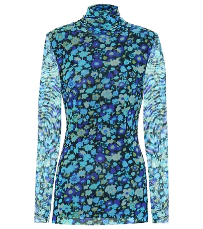 Shop Ganni Floral Mesh Turtleneck Top In Blue