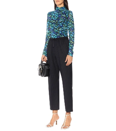 Shop Ganni Floral Mesh Turtleneck Top In Blue