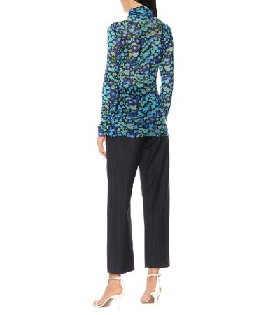 Shop Ganni Floral Mesh Turtleneck Top In Blue