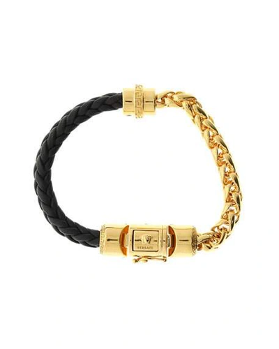 Shop Versace Men's Metal Chain %26 Braided Leather Bracelet In Black