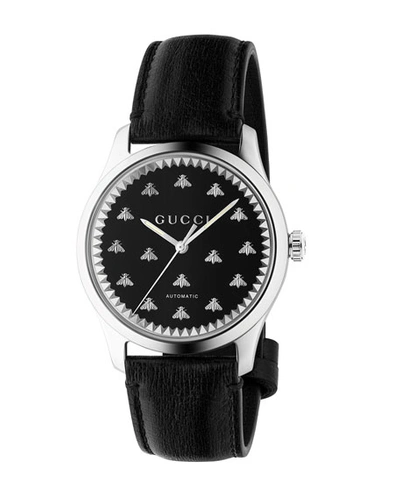 Shop Gucci Men's 42mm Automatic Bee-motif Watch W/ Leather Strap In Black